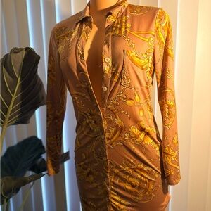 Chic Long Sleeve Dress in Gold and Brown